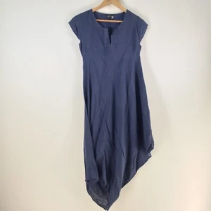 Kaveri dress womens size S shift navy blue linen midi asymmetric short slv113565 - Picture 1 of 9