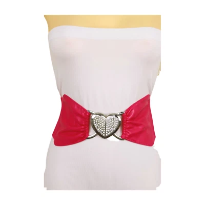 Women Pink Wide Elastic Band Fashion Belt Silver Metal Love Heart Buckle Fit S M - Image 1 of 4