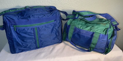 Vintage Luggage Delsey Shoulder Carry On Pilot Flight Bag Set 2 Blue Green 14" - Image 1 of 4
