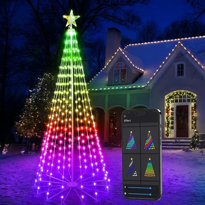 Smart Lighted Christmas Tree, 6FT 265 LED RGB Christmas Cone Tree App Control, C - Image 1 of 4