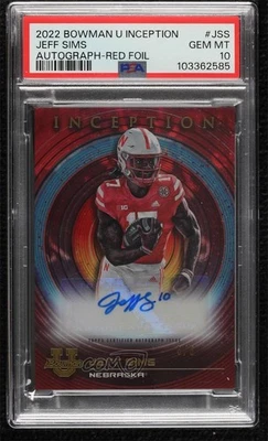 2022-23 Bowman Inception University Red Foil /5 Jeff Sims PSA 10 GEM MT Auto - Image 1 of 2
