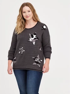NWT TORRID CREW NECK SWEATER STARS GREY TORRID SIZE 1 .. WOW! - Imagen 1 de 4