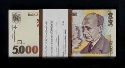 ROMANIA 5000 Lei P-107 1998 x 100 Pcs Lot BUNDLE LOT ROMANIAN UNC MONEY BANKNOTE - Image 1 of 4