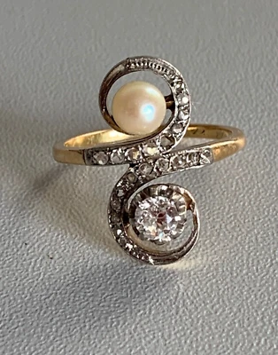 2635 – Bague Toi & Moi Or Jaune Platine Diamants Perle - Photo 1/4