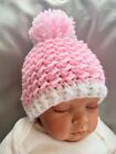 Brand New hand made crochet baby hat, baby pink and white,  pom pom.  0-3 months