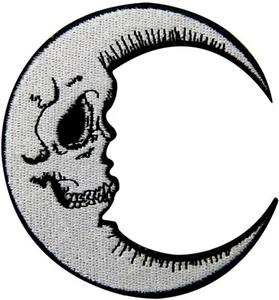 Skull Iron On Embroidered Patch Crescent Moon Grinning Face Shimmering Luna - Picture 1 of 3