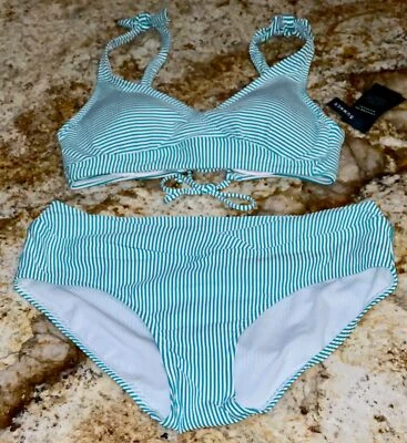 RALPH LAUREN Seersucker Stripe Aquamarine White Bikini Swim Suit Womens Sz 6 - Image 1 of 4
