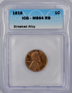 MINT ERROR - 1918 Lincoln Wheat Cent 1c - ICG MS64 RB- Streaked Alloy MINT ERROR - Picture 1 of 4