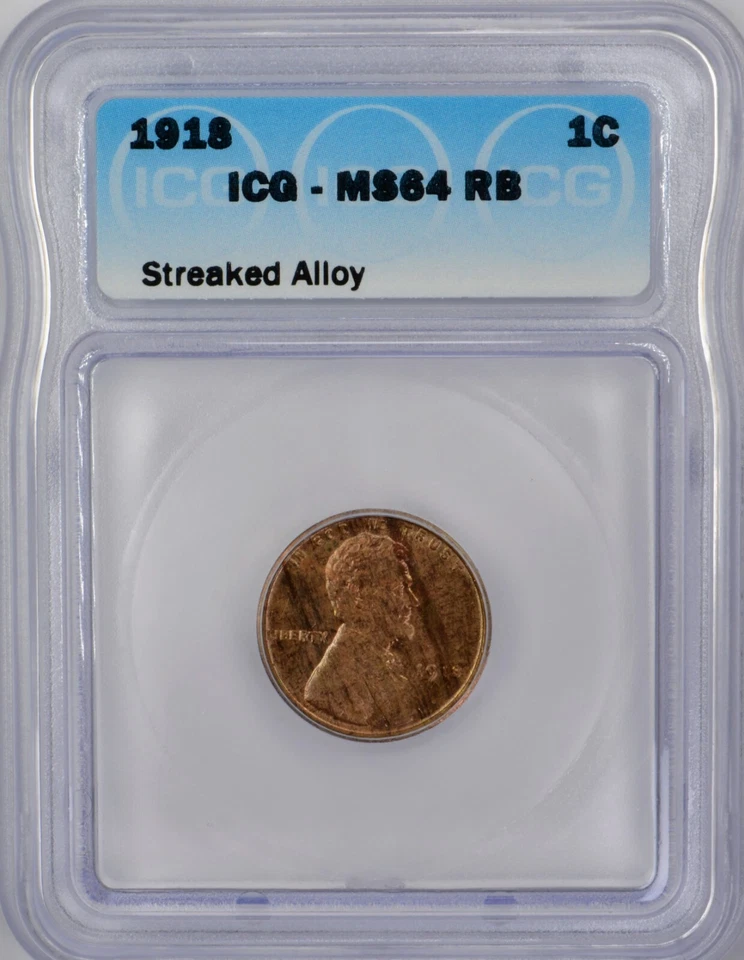 MINT ERROR - 1918 Lincoln Wheat Cent 1c - ICG MS64 RB- Streaked Alloy MINT ERROR - Image 1 of 4