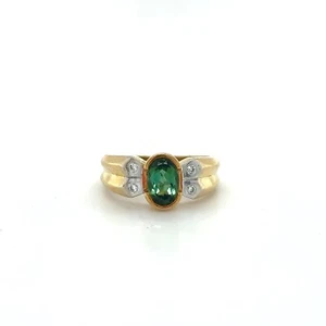 Pretty! 1 Carat Oval Green Tourmaline & Diamond Cocktail Ring - 18k Yellow Gold - Picture 1 of 6