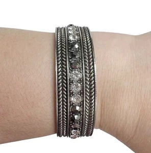 Silver Tone Clear & Gray Round Rhinestone Rope Cuff Bangle Bracelet Boho Rocker - Picture 1 of 11
