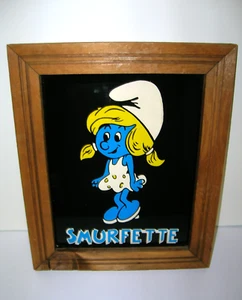 SMURFETTE Wood Framed Glass Pane Picture Vintage 8"x10" Glass 9.75"x11.75 Wood - Picture 1 of 5