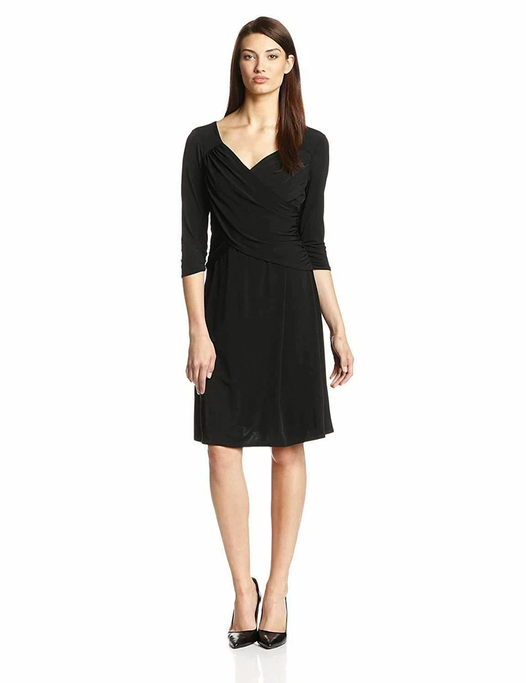 RETAIL B-Slim Black Crossover Front 3/4 Sleeve Flare Dress Size M