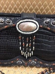 Schöne Mary Frances Handtasche Tasche schwarz Leder Perlen und Perlen Applikationen - Bild 1 von 8