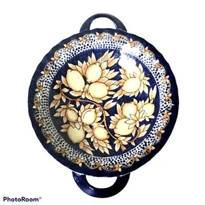 Deep Dish Decorative Only Vivid Lemons & Leaves Gold Navy Blue & White 9.5” X 3” - Picture 1 of 3