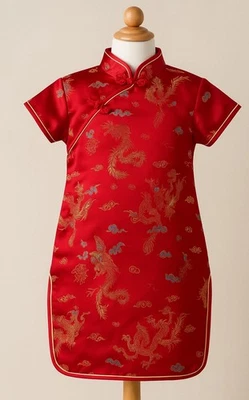 Girls Chinese Red Silk Dragon Phoenix Qipao Cheongsam Dress 10 Costume Dress Up - Image 1 of 4