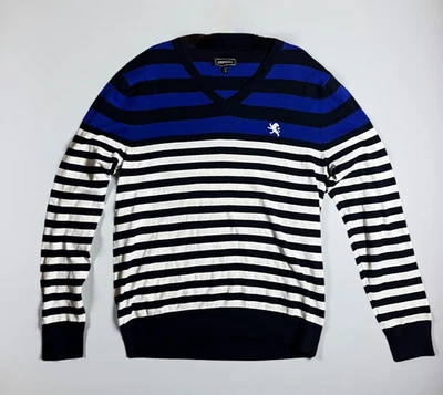 Suéter Pullover Express Para Hombre Mediano Manga Larga Cuello en V Rayas Blanco Azul Marino Foto 1 de 4