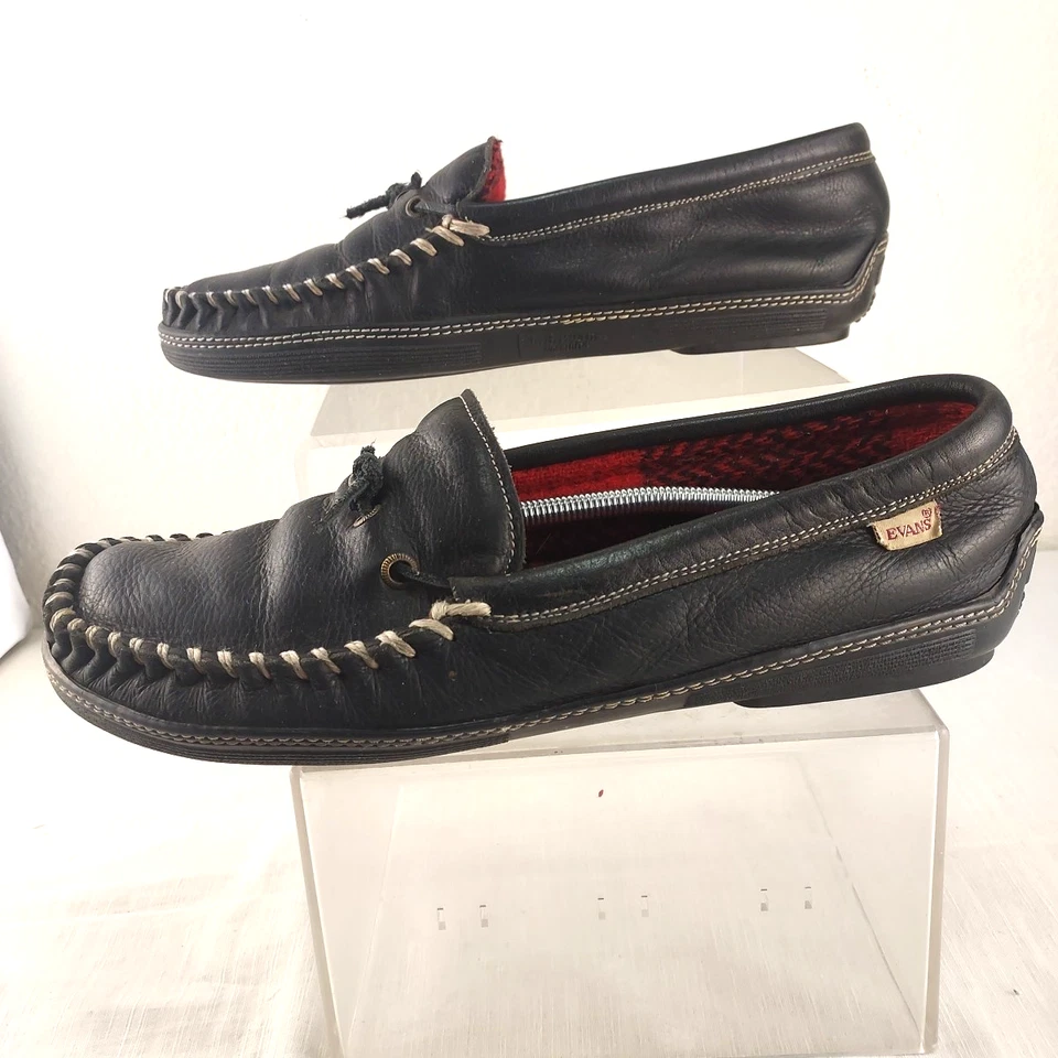 LB Evans Men 11 ATLIN Leather Moccasin Flannel Lined House Slippers Read - Image 1 of 4