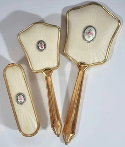 Vintage Guilloché Enamel Vanity Set - Hand Painted Rose - 3 Pcs Gold Tone c 1950 - Bild 1 von 6