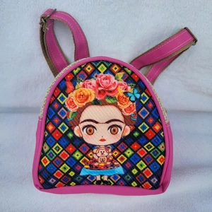 Mexican Artist Frida Kahlo Mini Backpack Animated Female Floral Pink Woven - Picture 1 of 8