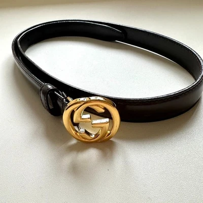 GUCCI Cinturón Dorado Marrón Oscuro Cuero GG Entrelazado Auténtico De Japón Foto 1 de 4