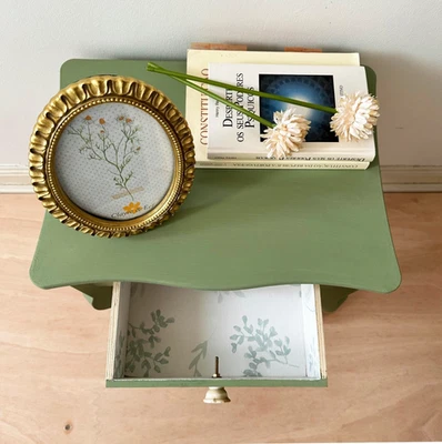 Olive green restored bedside table - Image 1 of 4
