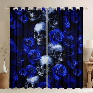 Sugar Skull Curtains for Boys Girls Blue Rose Window Curtain Nature Floral De... - Picture 1 of 7