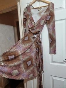 Issa London braun geometrisch Langarm %100 Seide Jersey Party Kleid Wickel UK 8 - Bild 1 von 6