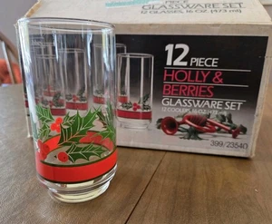 12er Set Vintage Libbey Stechpalme und Beeren 16 Unzen Glaswaren Set Weihnachten - Bild 1 von 13