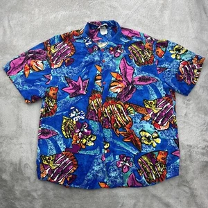 Vtg Hilo Hattie Shirt Mens XL Blue Hawaiian Aloha Camp Resort Ocean Fish 90s - Picture 1 of 18