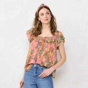 LC Lauren Conrad Women's Flutter Sleeve Peasant Top - Picture 1 of 5