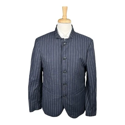 John Varvaos Navy Blue White Striped Cotton Viscose Half Lined Jacket Size 44R - Image 1 of 4