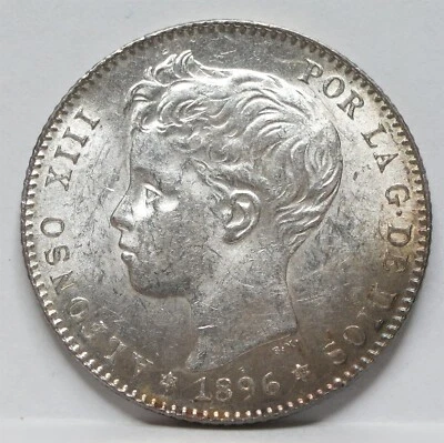 SPAIN silver UNA 1 peseta 1896 (96) PGV AU - UNC King Alfonso Pillars Child #E08 - Image 1 of 4