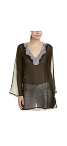 Sulu Spirit Collection Sheer Long Sleeve Silver Beaded Black Tunic Cover Top M - Picture 1 of 6
