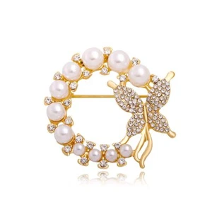 Butterfly Pearl Brooch Gold Elegant Bridal Vintage style Pins Wedding Banquet An - Picture 1 of 6