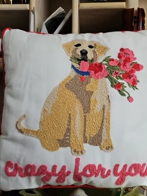  Yellow Lab Pillow "Crazy for You" Pink Red  Flowers  - Image 1 of 4