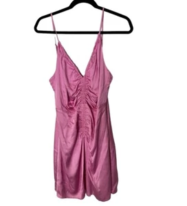 ASTR The Label Peony Mini Dress Women’s Medium Pink Satin Ruched Plunge Neckline - Picture 1 of 9