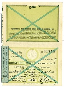 TESSERA - Carta di Circolazione FERROVIE DELLO STATO 1923  - Imagen 1 de 2