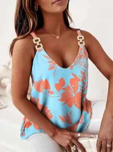 Womens Floral Chain Strappy V Neck Tops Vest Ladies Summer Casual Loose XXL - Picture 1 of 5