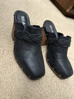 Zueco para mujer Mia talla 5 negro imitación cuero toboganes de mula de madera Foto 1 de 4