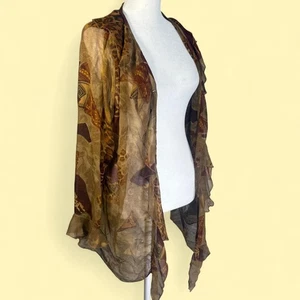 VTG 90s Sz 14 Sheer Earthy Cardigan Shrug Ruffle Trim Cover Up Leopard Print - Picture 1 of 7