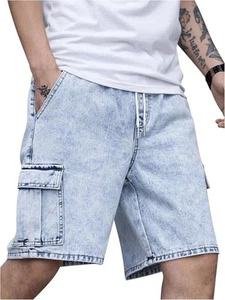 Men's Cargo Denim Shorts Drawstring Elastic Waist Flap Pockets Casual Fit - Picture 1 of 7