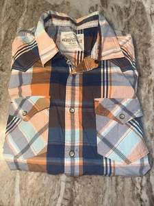 Camicia abbottonata in flanella da uomo manica lunga a L blu navy arancione - Foto 1 di 3