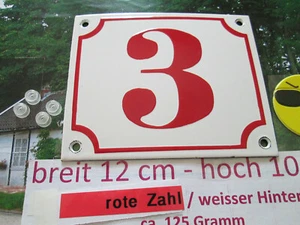 Hausnummer Emaille Nr. 3 rote Zahl auf weißem Hintergrund 12 cm x 10 cm  - Picture 1 of 10