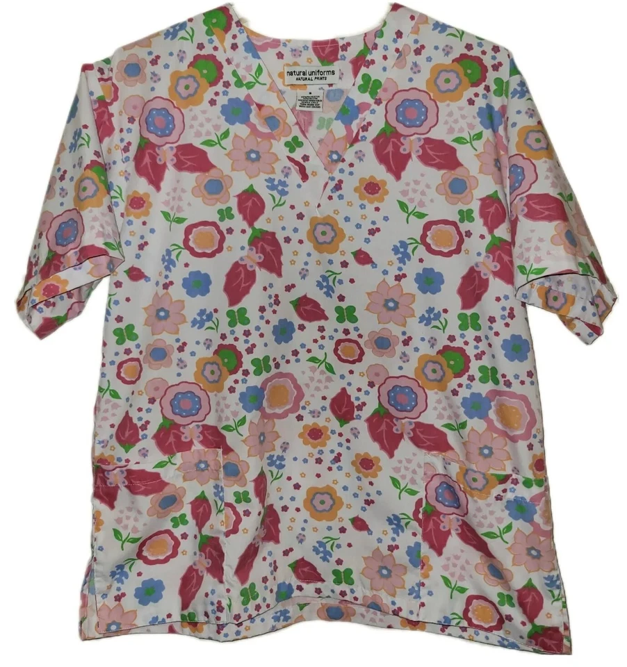 Natural Uniform Multicolored Floral Print Short Sleeve Scrub Top Women's Size S - Image 1 of 4