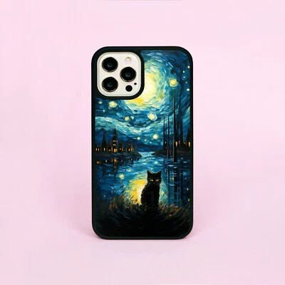 Black Cat Kitten In Van Gogh Starry Night Painting Phone Case/Cover For iPhone - Image 1 of 4