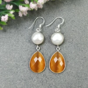 35.55cts Biwa Pearl ,Yellow Stone 925 Sterling Silver Jewelry Earrings 2.00"gift - Imagen 1 de 6