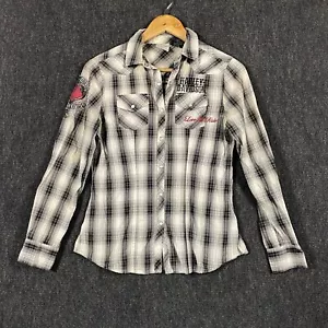 Harley Davidson Hearts & Wrenches Womens Small Pearl Snap Shirt Grey Plaid - Picture 1 of 21