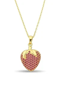 14K Yellow Gold Plated 2.20 Ct Round Lab-Created Pink Ruby Strawberry Pendant - Picture 1 of 3