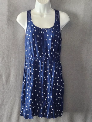 Vestido Preppy Mossimo con Bolsillos Azul y Blanco Lunares Encaje Espalda Talla M Elástico Foto 1 de 4